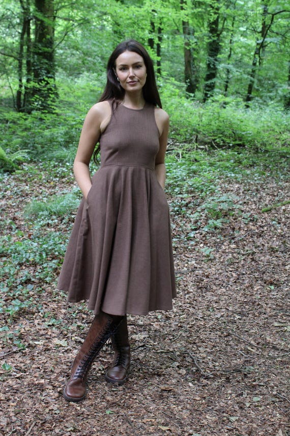 linen racerback dress Racerback Linen LBD Dress: High Waist Flared Skirt, Hidden Pockets