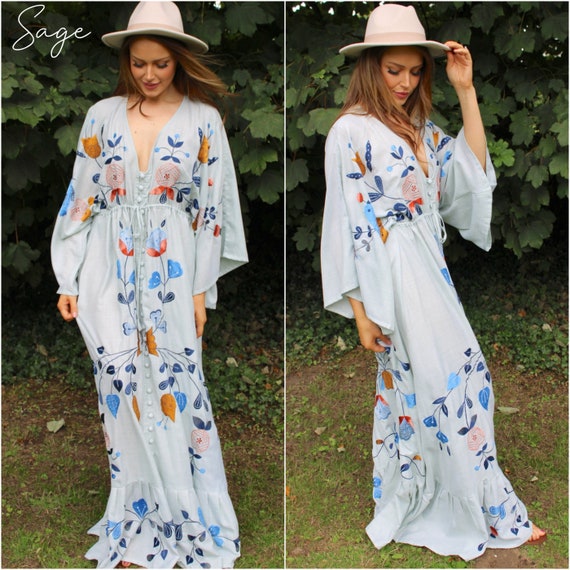 Embroidered Maxi Dress Boho Style Scandi Folk Embroidery Flattering  Versatile Baby Shower Maternity Photos Wedding Guest Summer Fete -   Canada