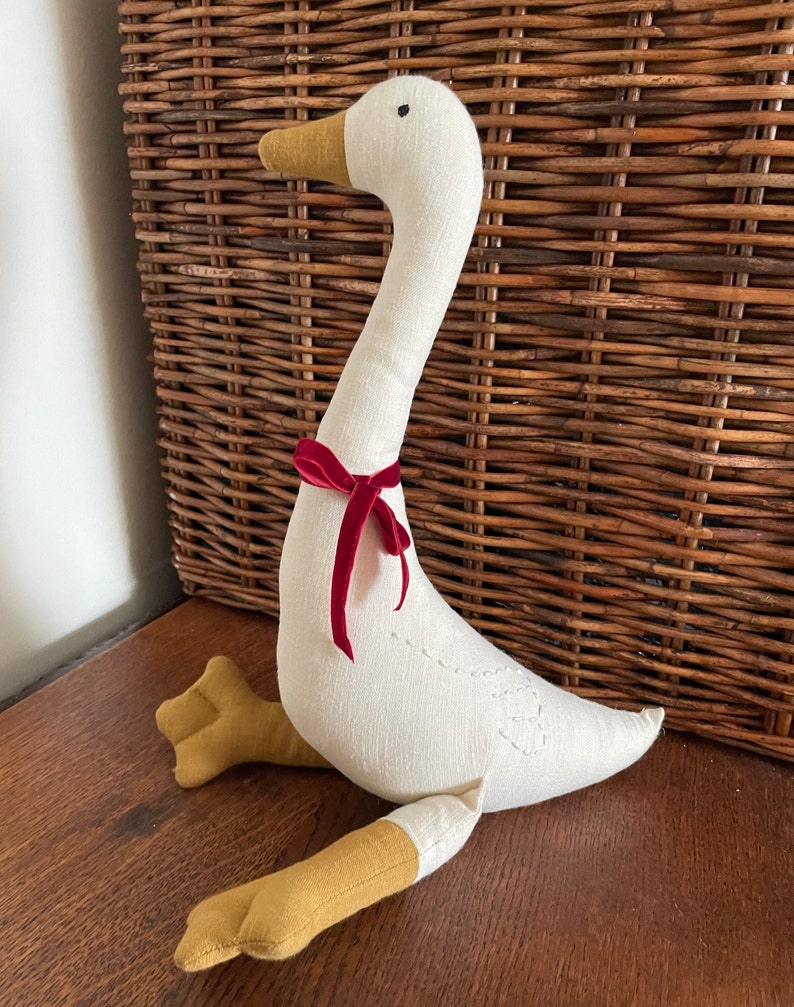 Premium Linen Heirloom Stuffed Animal Goose Baby Shower Gift Hand Embroidered Neutral Unisex Timeless Bird Teddy Nursery Decor Kids image 9