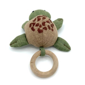Linen Turtle Rattle Toy Handmade non-toxic baby toy wooden ring chew nature inspired baby gift newborn nursery decor image 4