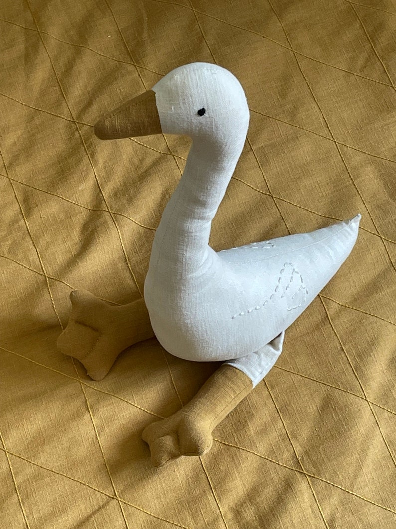 Premium Linen Heirloom Stuffed Animal Goose Baby Shower Gift Hand Embroidered Neutral Unisex Timeless Bird Teddy Nursery Decor Kids image 5