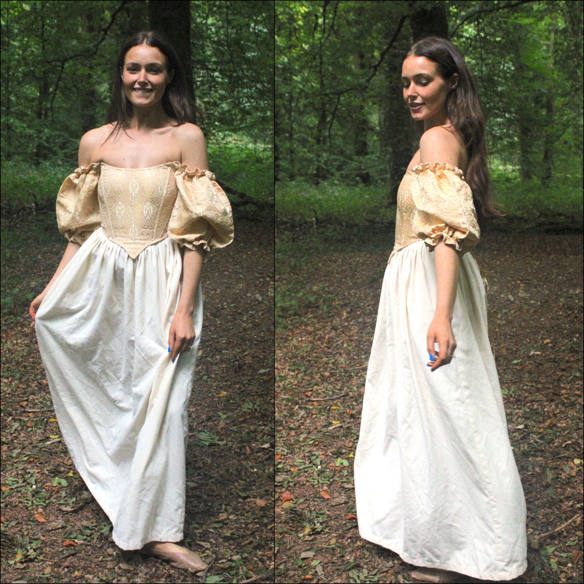 Brocade Gold Corset Off-the-shoulder Puff Sleeve Top With