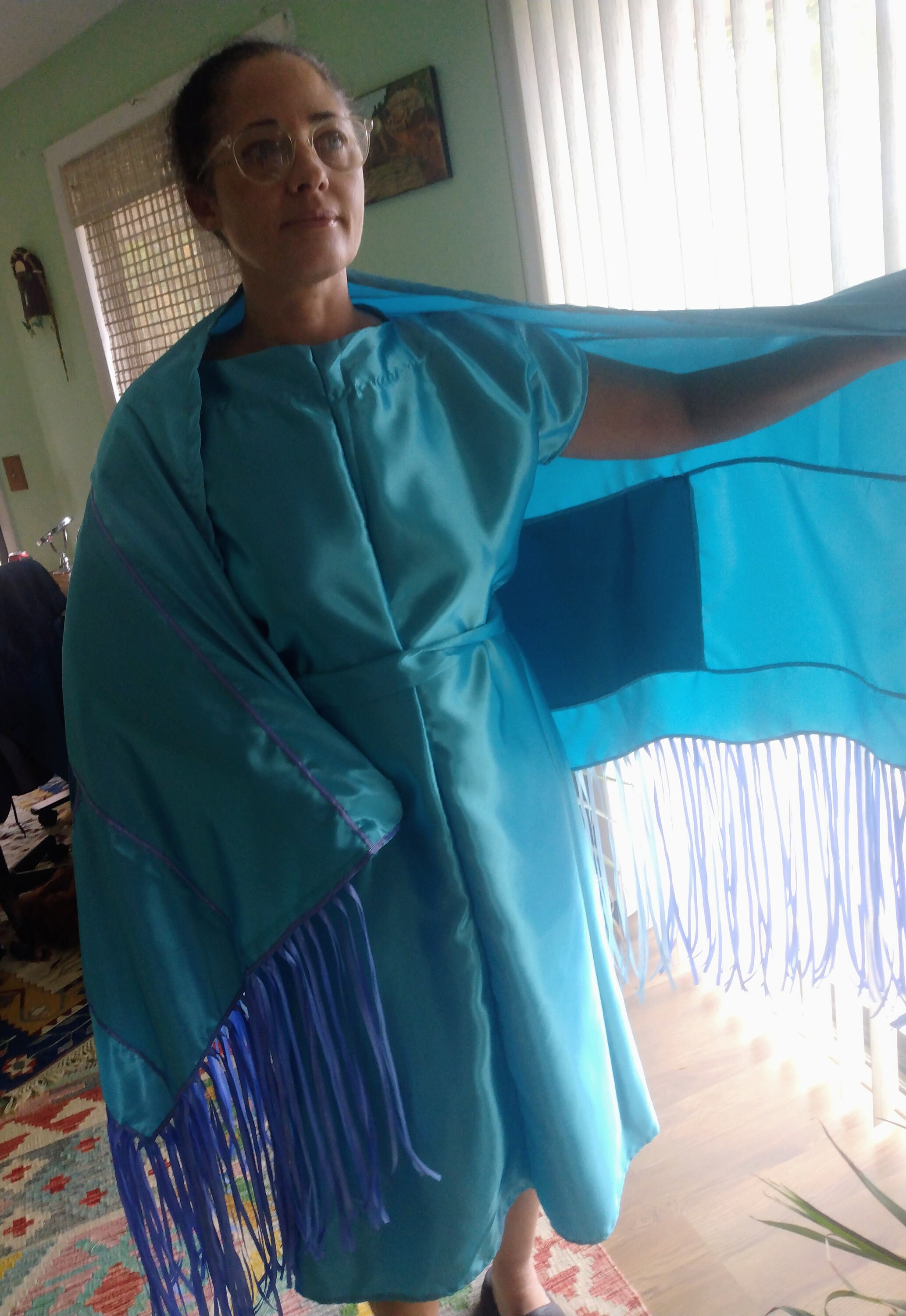 Native American Pow Wow Regalia Turquoise Satin Dress And Shawl Fancy Native American Pow Wow Regalia Turquoise Satin Dress And Shawl Fancy