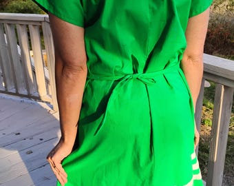 pow wow regalia womens green dress with white ribbon decoration front and back size L waist sash boat neck pull over head short sleeves