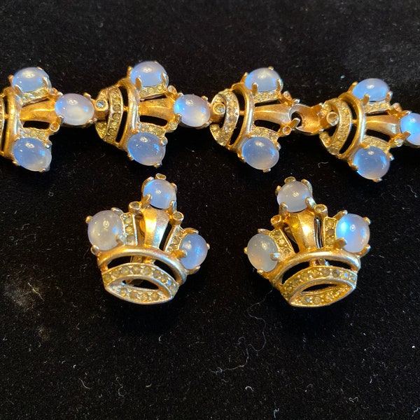 For REPAIR ONLY- Gold Tone Faux Moonstone and Clear Rhinestone Bracelet Clip Earrings Set Unsigned