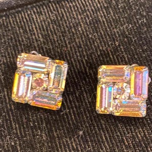 Vintage Austrian Crystal AB Aurora Borealis Rhinestone Rectangular Square Clip on Earrings