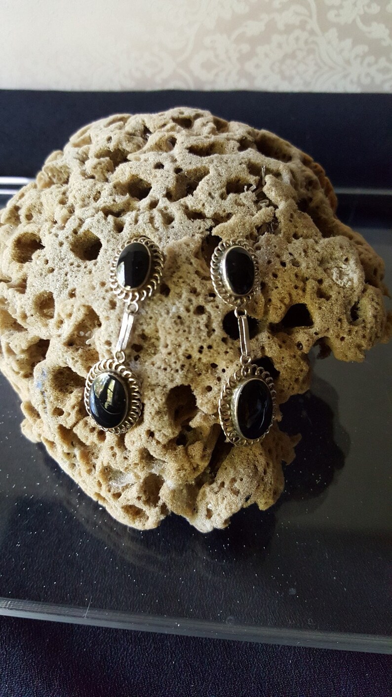 Vintage Oval Onyx 900 Silver Drop Earrings