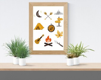 Cartel de camping rústico, impresión de camping, impresión al aire libre, niños de arte al aire libre, cartel de la habitación de los niños, 4 tamaños