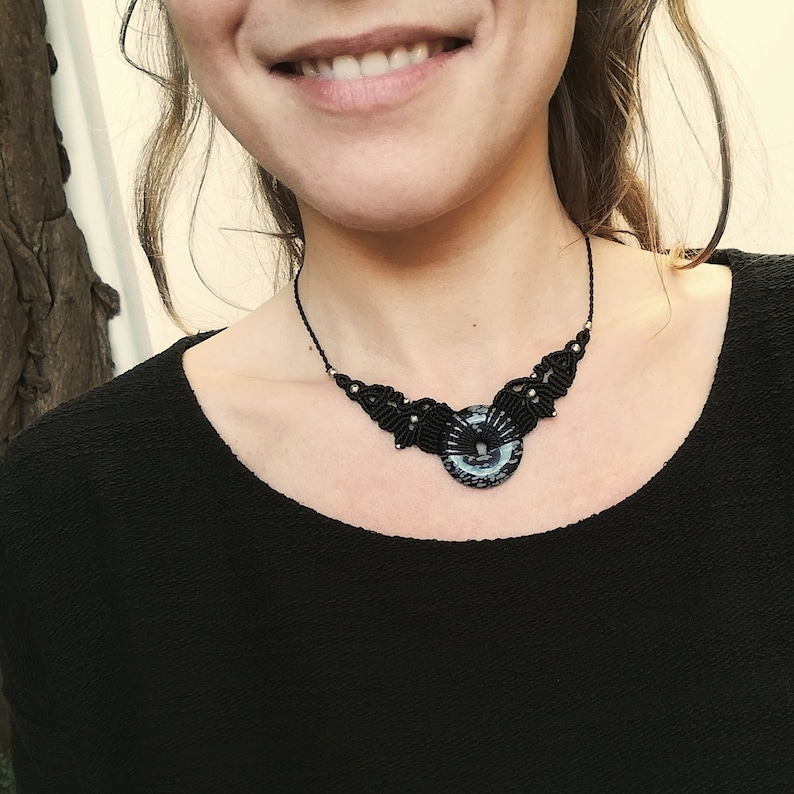 macrame disc stone nickel free ethnic necklace SNOWFLAKE OBSIDIAN natural stone celtic boho necklace