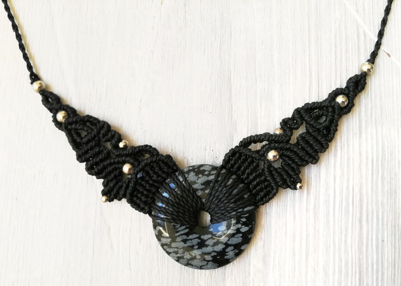 macrame disc stone nickel free ethnic necklace SNOWFLAKE OBSIDIAN natural stone celtic boho necklace