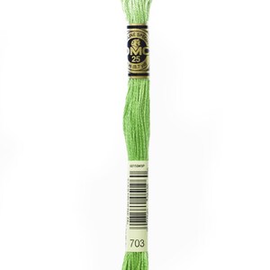 May include: A skein of DMC embroidery floss in colour 703, a light green shade. The floss is wound on a white card with the DMC logo and the colour number.