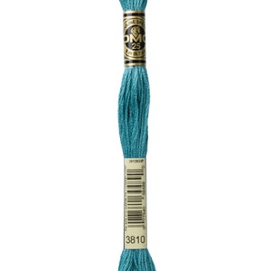 May include: A spool of DMC embroidery floss in colour 3810, a teal blue shade. The spool is labelled with the DMC logo, the colour number, and the length of the floss in metres and yards.