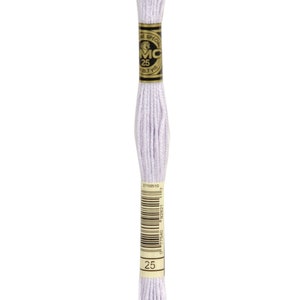 May include: A skein of DMC embroidery floss in colour 25, a light purple. The floss is wrapped around a cardboard spool with a gold label that reads "DMC Special 25 (8.7 yd)" and has a barcode.