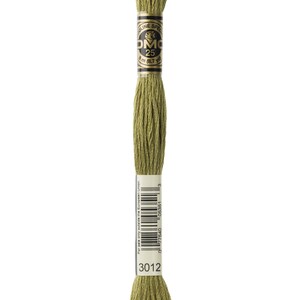 May include: A skein of DMC embroidery floss in colour 3012, a muted green. The skein is labelled with the DMC logo and the number 25, indicating the length of the floss. The label also includes the text "Mouline Special" and "8 m (8.7 yd)".