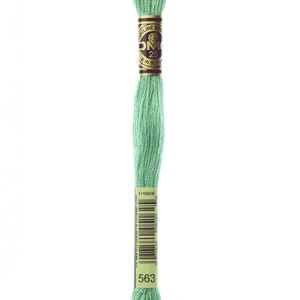 May include: A skein of DMC embroidery floss in colour 563, a light green shade. The floss is wound around a cardboard spool with a gold label that reads "DMC Mouline Special 25 8 m (8.7 yds)".