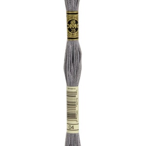 May include: A skein of DMC embroidery floss in colour 04, a light grey. The floss is wrapped around a cardboard spool with a gold label that reads "DMC 25 8 m (8.7 yd)".