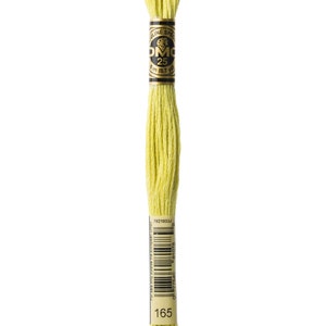 May include: A skein of DMC embroidery floss in colour 165, a bright yellow. The floss is wrapped around a black and gold label with the DMC logo and the text "Mouline Special 25 8.7m (8.7 yd)".