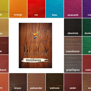 Könnte beinhalten: Eine Farbkarte mit verschiedenen Holzbeizfarben. Die Farben umfassen Gelb, Orange, Rot, Blau, Lila, Grün, Braun und Grau. Die Karte ist mit den Namen der Farben in Deutsch beschriftet.