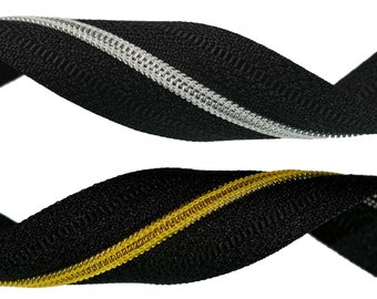 1m Endlos-Reißverschluss 3mm gold/silber Spirale, schwarzes Band, 28mm, Farbwahl