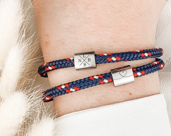 Segelseilarmband doppelt blau weiß rot mit Edelstahlperlen - Kreuz mit Buchstaben