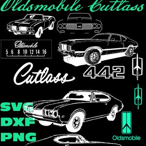 May include: Black and white silhouette of a 1970s Oldsmobile Cutlass 442 muscle car. The car is shown in multiple views, including a side view, front view, and rear view. The image also includes the text "Oldsmobile Cutlass" and "442".