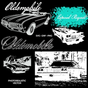 May include: Black and white vector illustration of a classic Oldsmobile car. The car is a convertible with the top down. The image includes the text "Oldsmobile" and "Special Request".