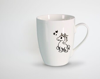 May include: White ceramic mug with a black line drawing of a unicorn and stars. The unicorn has a horn, flowing mane, and is standing on its hind legs. The mug has a curved handle.