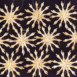 Könnte beinhalten: Sieben Stroh-Schneeflocken-Ornamente auf dunklem Hintergrund. Jedes Ornament besteht aus hellbraunen Strohstücken, die in einem Sternmuster angeordnet sind, mit dünnen Fadenschlaufen zum Aufhängen. Festliche Dekorationen.