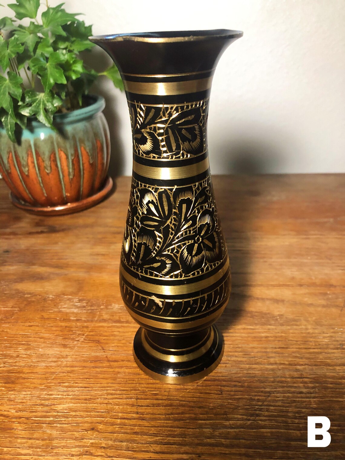 Vintage Black Flower Vase Brass Flower Vase Etched Vase Etsy