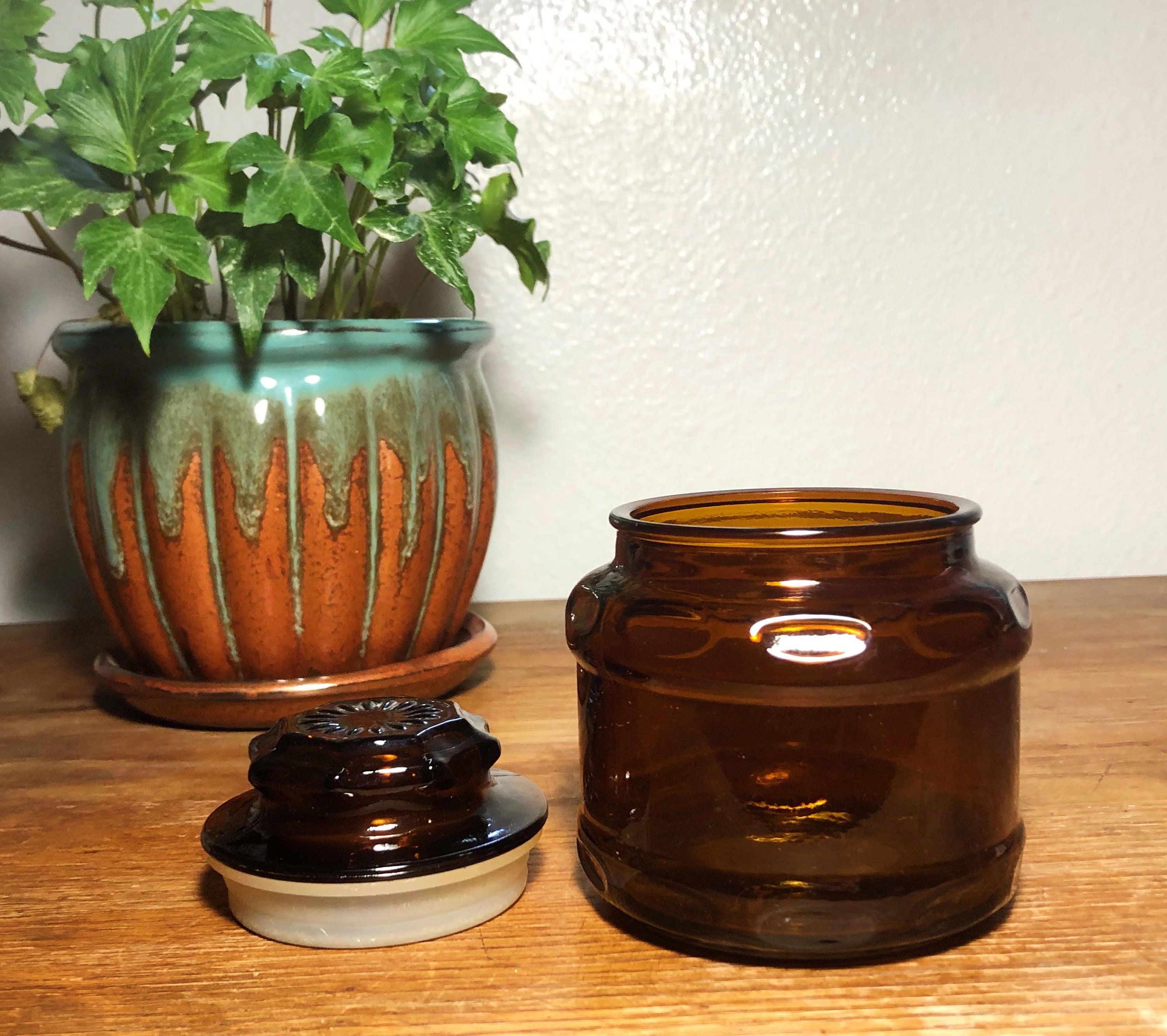 Vintage Brown Glass Jar With Original Lid Vintage Floral Jar Etsy UK