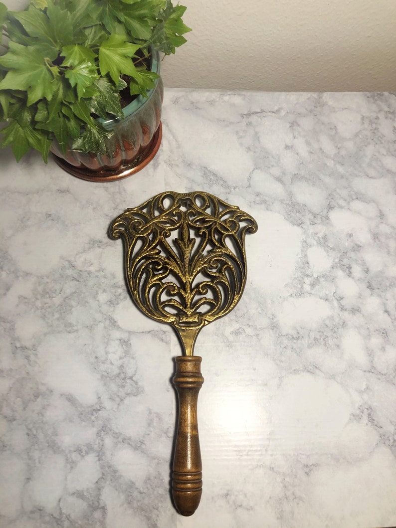 Antique Brass Fireplace Trivet With Wooden Handle Brass Etsy