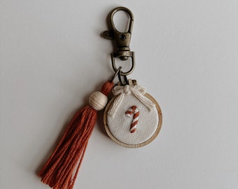 Candy Cane Embroidery Keychain