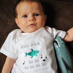 Baby Shark Embroidered Baby Romper - Unisex Gift for Baby Girl or Boy - Popular Song Baby Shark Embroidered Onesie for Baby Girl or Boy