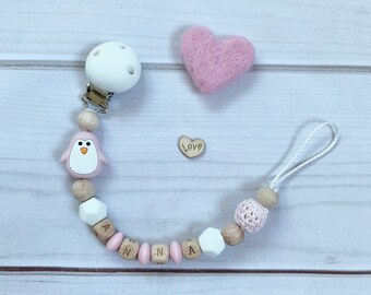 Schnullerkette Schnullerband Nuckelkette mit Namen beige grau weiß Silikon