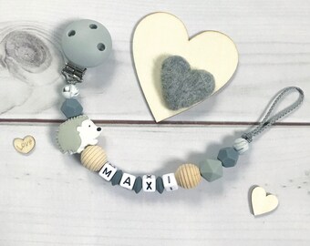 Schnullerkette Schnullerband Nuckelkette mit Namen beige grau weiß Silikon