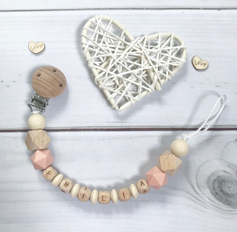 Schnullerkette Schnullerband Nuckelkette mit Namen beige grau weiß Silikon