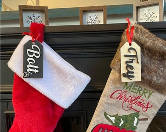 Personalized Christmas Stocking Tags, Custom Stained Wood Stocking Tags, Wooden Name Tags for Stockings