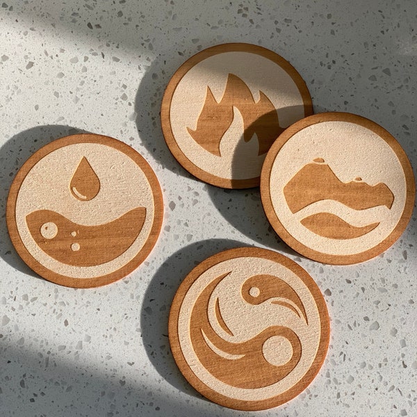 The 4 Elements Coasters, Set of 4 Round Coasters, Birthday Gift, Laser Cut Coasters, Earth, Fire, Water, and Air Coasters, Avatar coasters