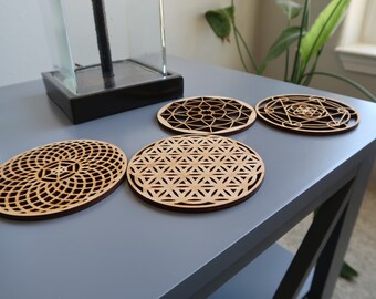 Sacred Geometry Coasters, Set of 4 Round Coasters, Bamboo Coaster Set, Housewarming Gift, Laser Cut Coasters