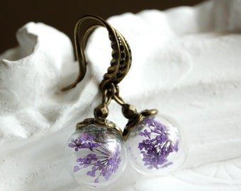 Boucles d'oreilles en vraies fleurs, violet ou bleu, fleur d'aneth, boucles d'oreilles vintage, boucles d'oreilles boho, cadeau pour femme, pour mère, cadeau pour sœur