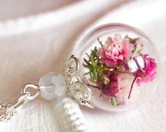 Flower necklace, small pendant, silver necklace, natural jewelry, purple, pink, pink, unique gifts, vintage, terrarium, birthday gift