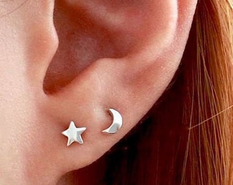 Moon and stars, minimalist stud earrings, 925 sterling, small earrings,  mini posts, celestial jewelry, gift for girl, mini jewelry,