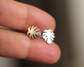 Studs Leaf earrings, monstera tropucal, surgical minimalist studs, tiny posts, allergy stainless steel jewelry, allergy sufferers, titanium