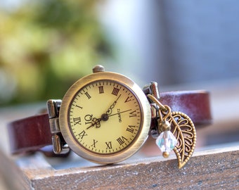 Wristwatch, ladies watch, vintage watch, women bohemian watch, bronze, boho watch, genuine leather, bracelet watch, antique, gift, brown