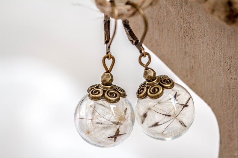 Dandelion earrings, Botanical jewelry, unique earrings handcrafted, hollow glass earrings, real dandelion, gifts for her, vintage earrings Bild 1