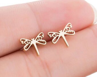 Dragonfly mini earrings, minimalist studs, rose gold, Stainless Steel, Titanium Studs, Hypoallergenic, Sensitive Skin, Surgical Steel, gift