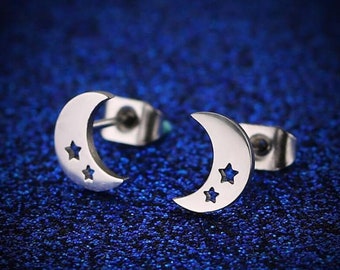 Luna y estrellas de titanio, tachuelas minimalistas hipoalergénicas, pendientes pequeños, joyería minimalista hipoalergénica