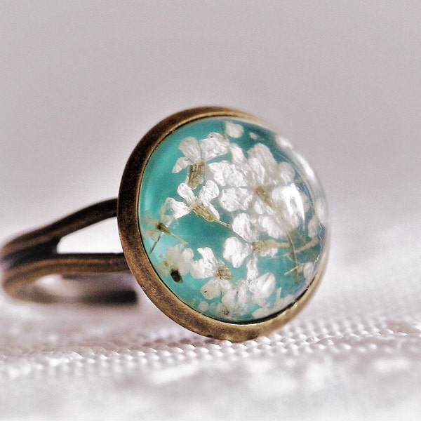 Real flower ring, mint color with ring, vintage ring, gift for her, unique ring, unique gift, blue ring, turquoise ring, gift for mother,