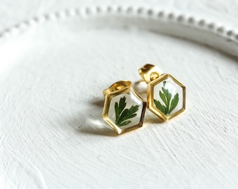 Small earrings, minimalist real leaves stud earrings, modern resin jewelry, green earrings, nature jewelry, unique pieces, leaves, minimal