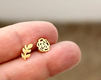 Gold earrings, leaf and flower earrings, stainless steel jewelry, minimalist stud earrings, nature gifts for her, for friends, unique items